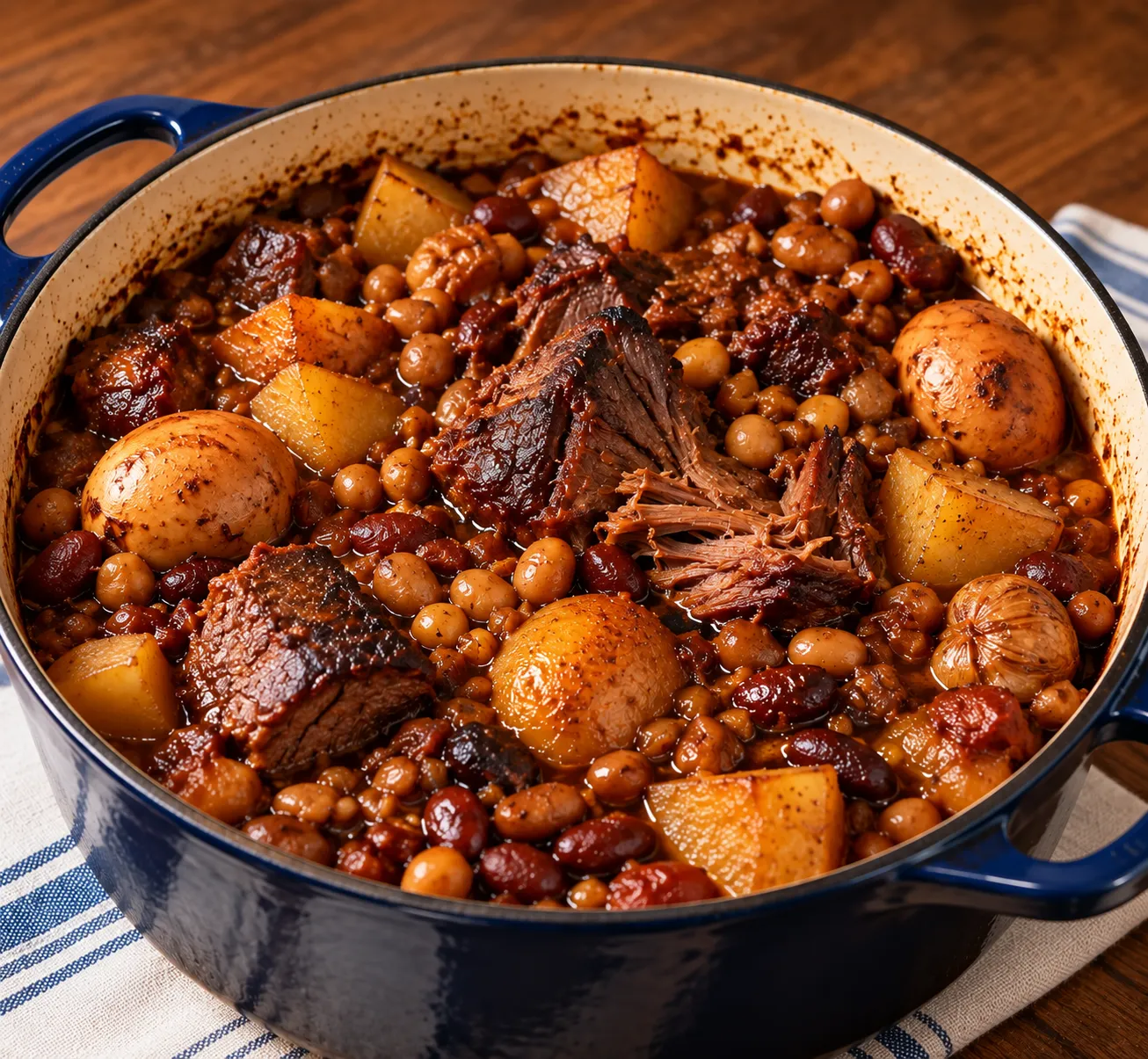 Hamin in a cast-iron pot with beef, beans, potatoes and eggs
