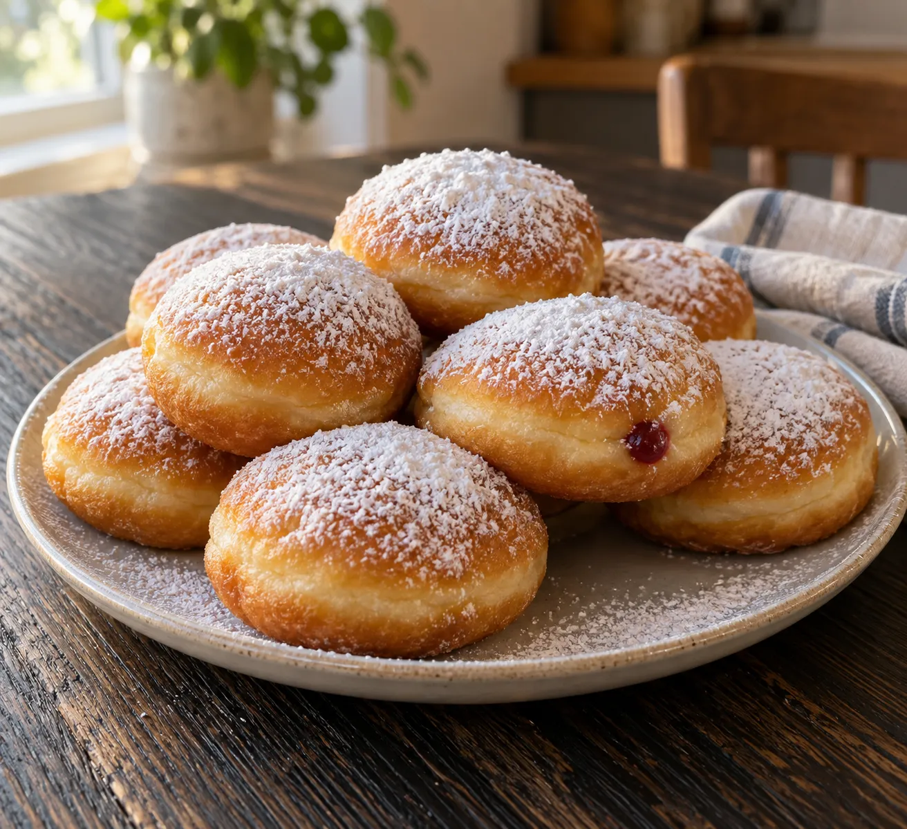 A plate of sufganiyot dusted with powdered sugar